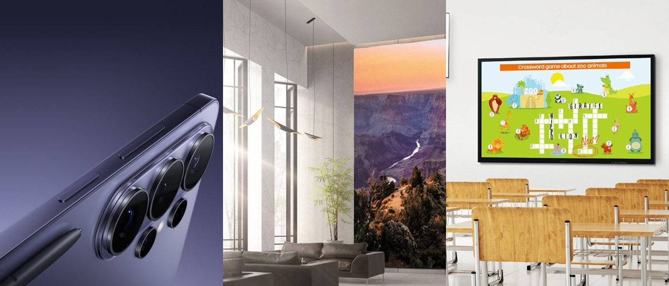 A Galaxy smartphone, a Samsung video wall in a hotel lobby and an interactive display in a classroom