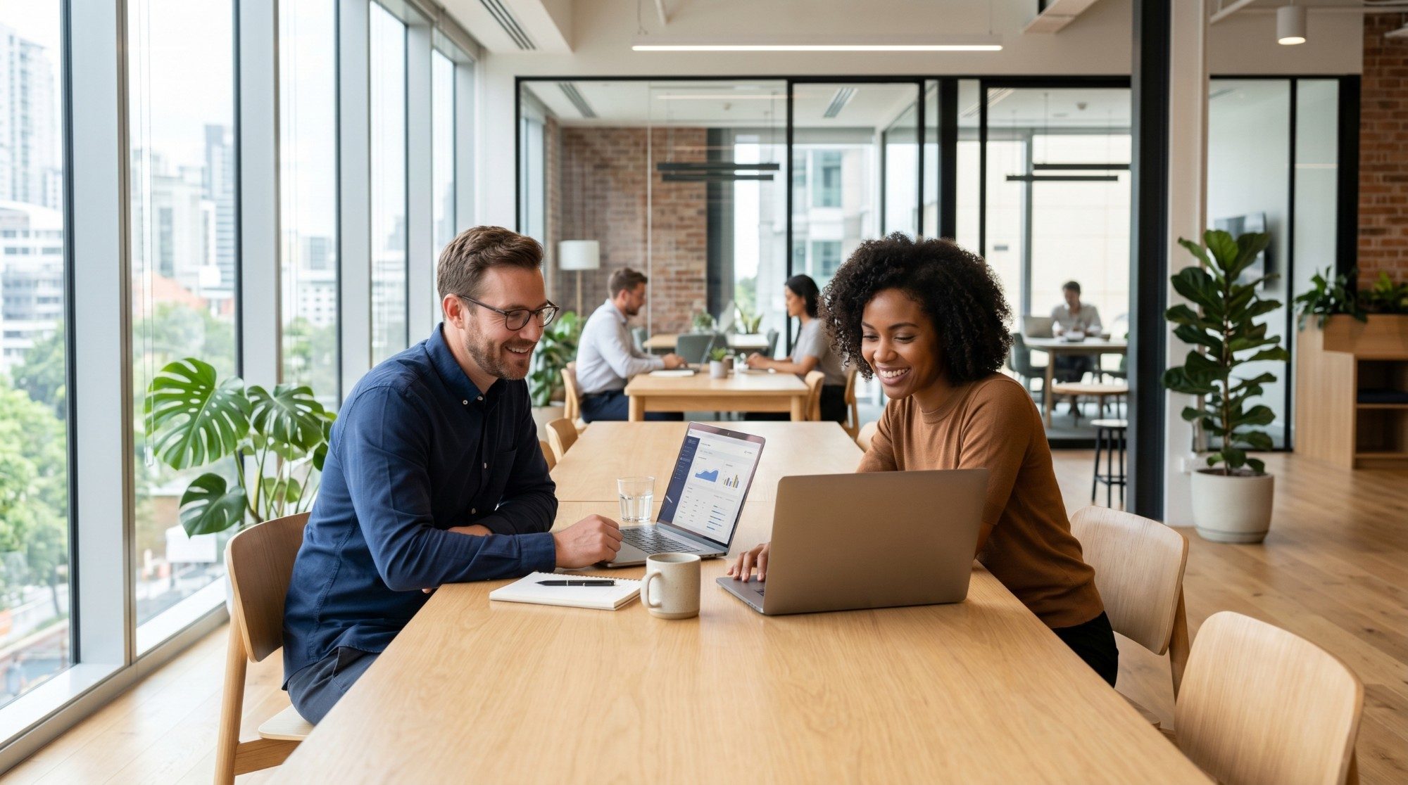 Two colleagues reviewing dashboards on laptops in a bright open-plan office